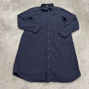 Muji Button Down Flannel Shirt Dress Womens Medium Navy Blue Long Sleeve Cotton